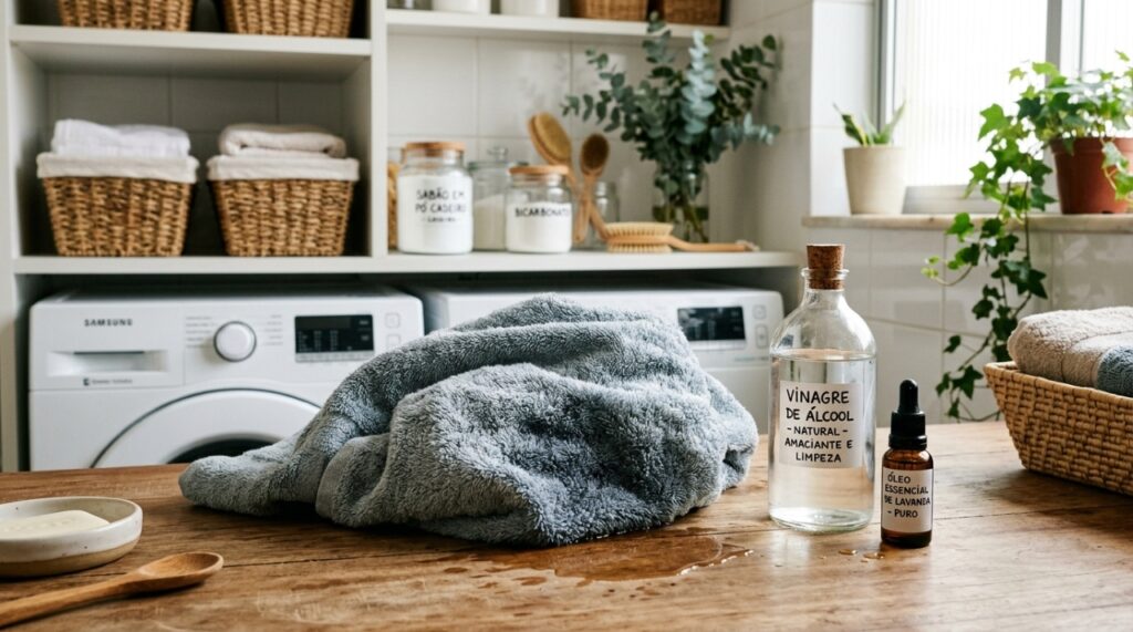 O uso do vinagre de álcool associado a óleos essenciais substitui os produtos tradicionais e preserva a capacidade de absorção das toalhas.