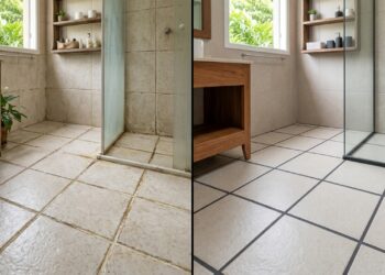 O uso do rejunte escuro na área úmida destaca o desenho do revestimento e cria um contraste elegante no ambiente.
