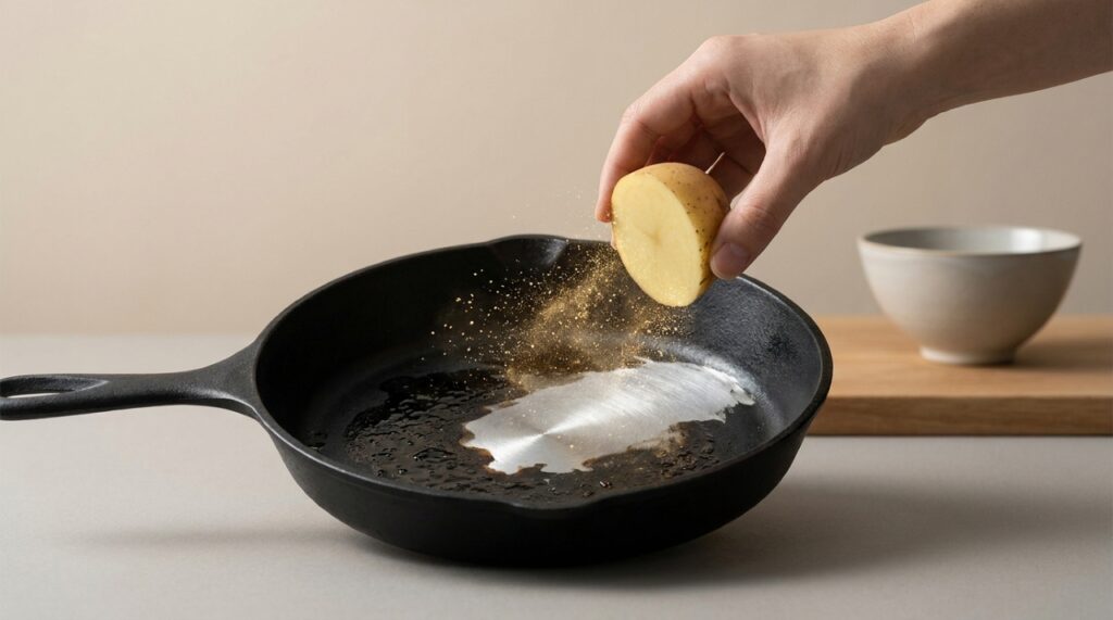 Utilizar fatias de batata crua é uma alternativa sustentável que remove crostas difíceis e preserva a vida útil dos utensílios.