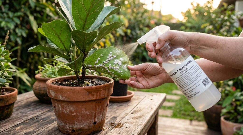 Aplicar o defensivo orgânico no final da tarde evita o efeito de lente solar e protege as folhas contra queimaduras.