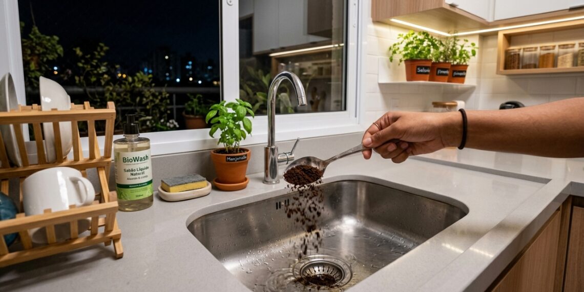 A borra de café atua como um neutralizador natural de odores para manter a higiene da pia durante a noite.