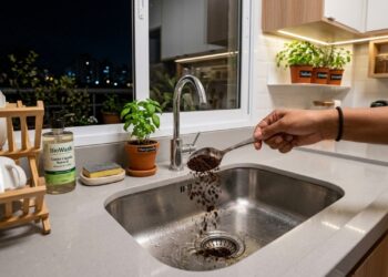 A borra de café atua como um neutralizador natural de odores para manter a higiene da pia durante a noite.