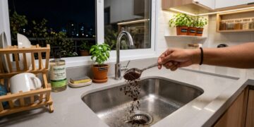 A borra de café atua como um neutralizador natural de odores para manter a higiene da pia durante a noite.