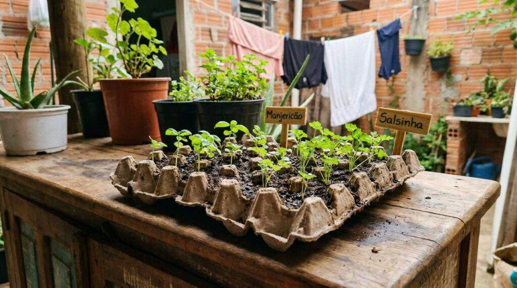 Transformar embalagens descartáveis em sementeiras biodegradáveis facilita o cultivo doméstico de plantas.