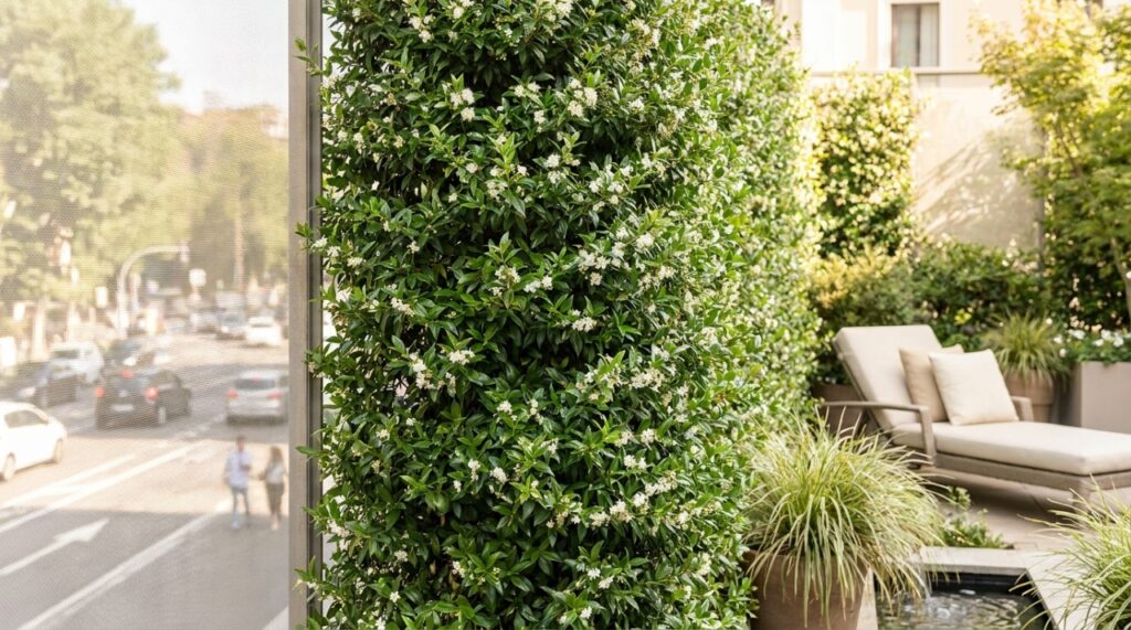 O crescimento rápido desta espécie permite formar um muro verde vibrante e perfumado em pouco tempo de cultivo.
