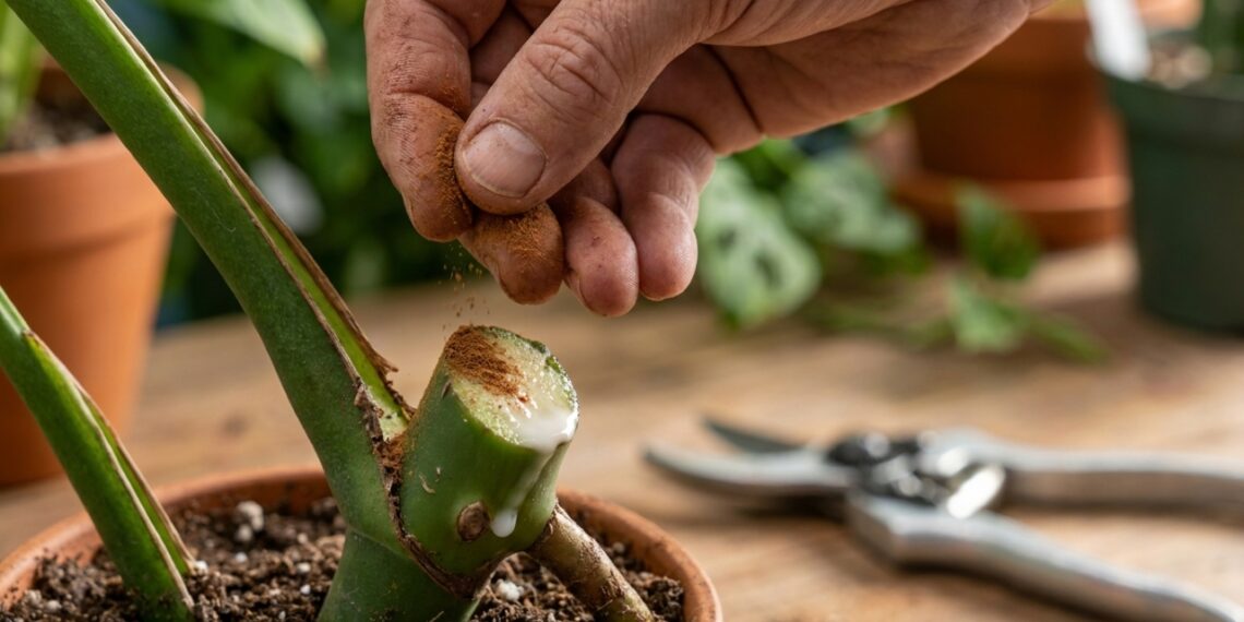 A aplicação estratégica da canela logo após o corte é essencial para proteger as feridas expostas da planta.