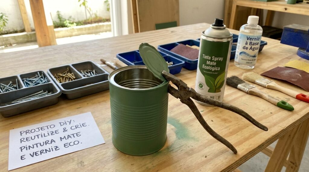 A aplicação de tintas e texturas em latas descartadas garante uma decoração personalizada com baixo investimento financeiro.