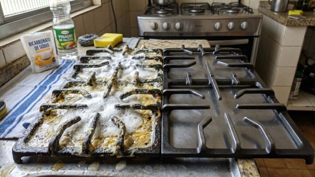 Como tirar a gordura amarelada das grades do fogão após frituras: o truque fácil da pasta caseira de bicarbonato de sódio e vinagre que sempre funciona
