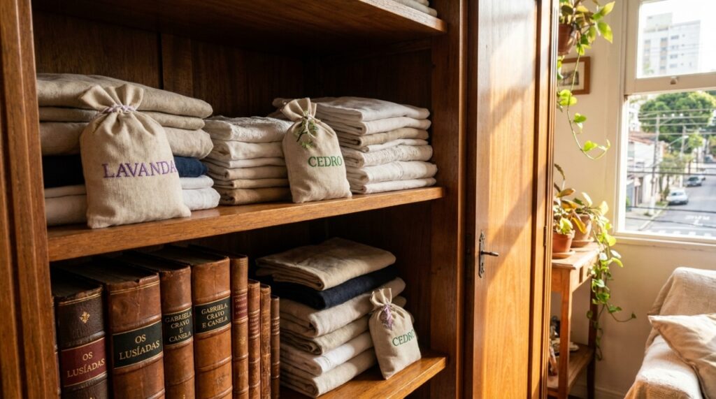 Ingredientes botânicos criam uma barreira olfativa que garante a preservação contínua de livros e roupas.