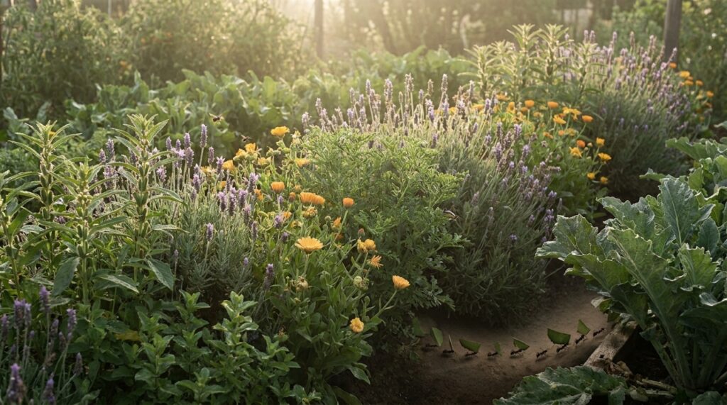 O consórcio entre espécies aromáticas e florais garante a defesa botânica e a vitalidade do solo.