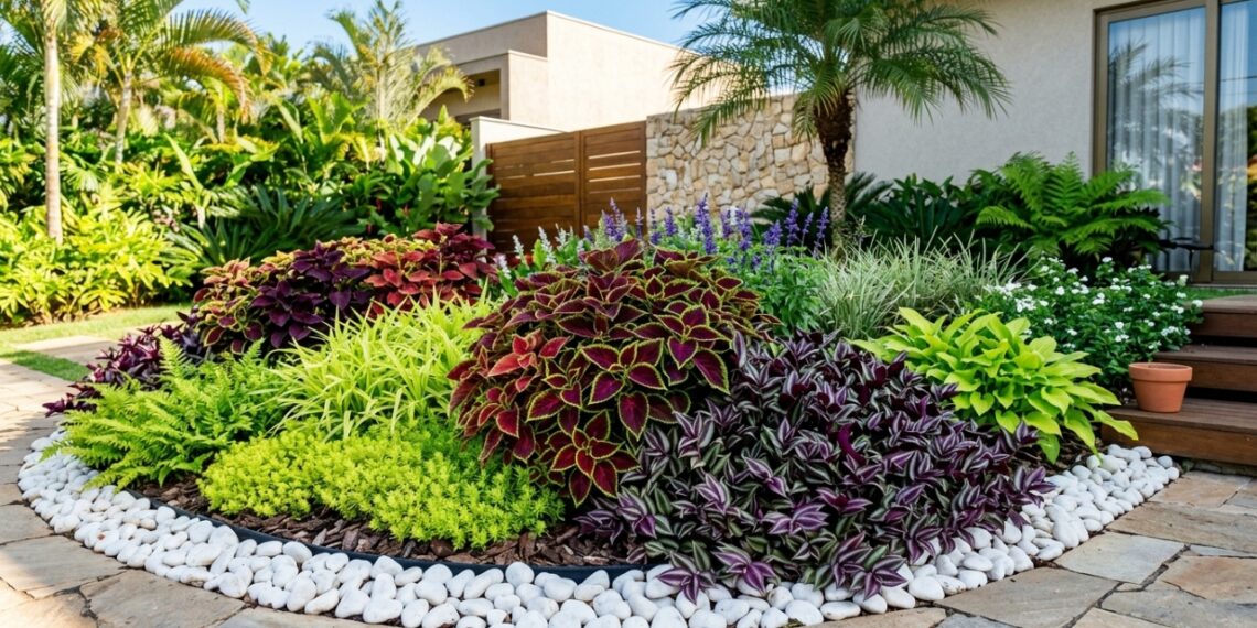Plantas de folhagens escuras e tons vibrantes criam um contraste cromático sofisticado que quebra a monotonia verde do jardim.