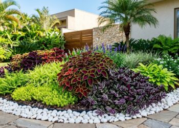 Plantas de folhagens escuras e tons vibrantes criam um contraste cromático sofisticado que quebra a monotonia verde do jardim.
