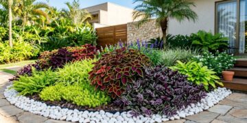 Plantas de folhagens escuras e tons vibrantes criam um contraste cromático sofisticado que quebra a monotonia verde do jardim.