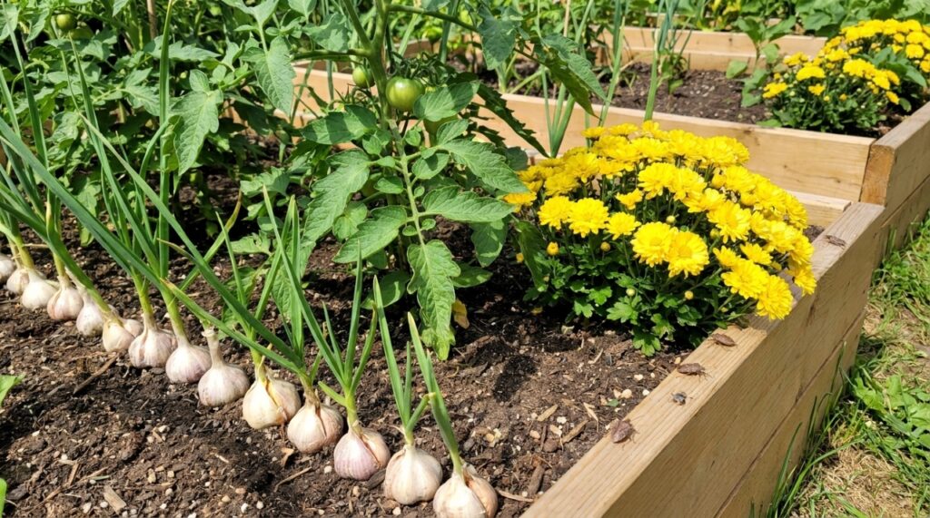 A integração de plantas guardiãs no canteiro garante a proteção biológica e a saúde da horta orgânica.