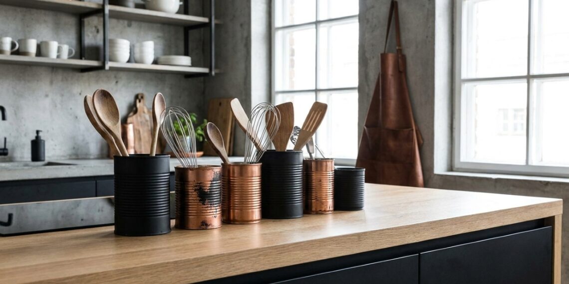 A transformação de embalagens metálicas em objetos decorativos une a sustentabilidade ao estilo industrial moderno.