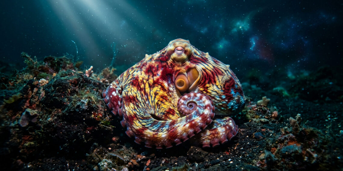 Polvo dormindo no fundo do oceano com a pele mudando de cor em tons vibrantes de vermelho, azul e dourado, ilustrando o fenômeno dos sonhos em cefalópodes.