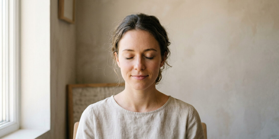 Mulher de olhos fechados praticando técnica de respiração profunda em ambiente tranquilo, ilustrando o suspiro fisiológico para reduzir o estresse.