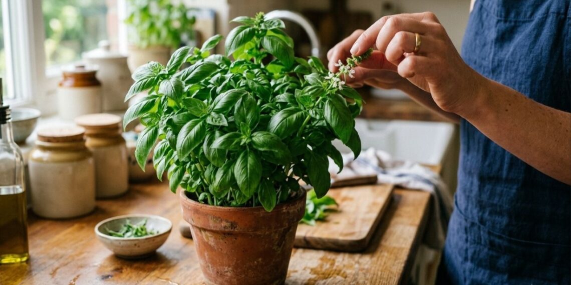 Na Itália, para que o pé de manjericão fique gigante e dure meses sem secar, o segredo não está na quantidade de adubo, mas sim em cortar imediatamente com os dedos qualquer florzinha que começar a nascer nas pontas