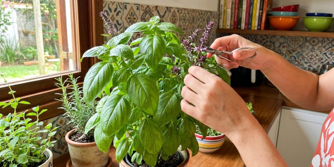 A poda de manutenção das flores é essencial para garantir folhas de manjericão sempre tenras e perfumadas.