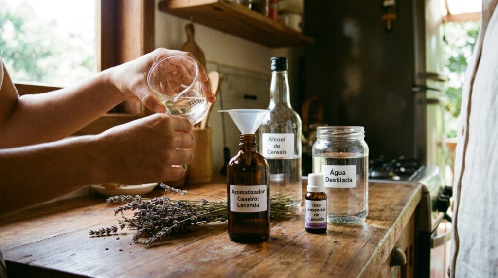 A sinergia entre o óleo essencial e o álcool garante a fixação perfeita do aroma nos tecidos.