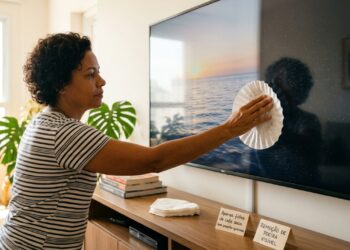 O filtro de papel de café seco é uma alternativa segura e eficiente para remover a poeira das telas de televisão sem riscar.