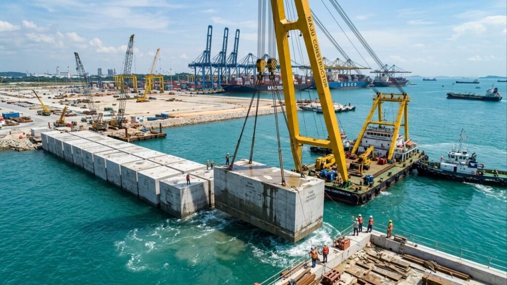 Eles estão construindo um gigantesco muro subaquático, lançando 227 blocos de concreto no mar para criar o maior porto automatizado do planeta