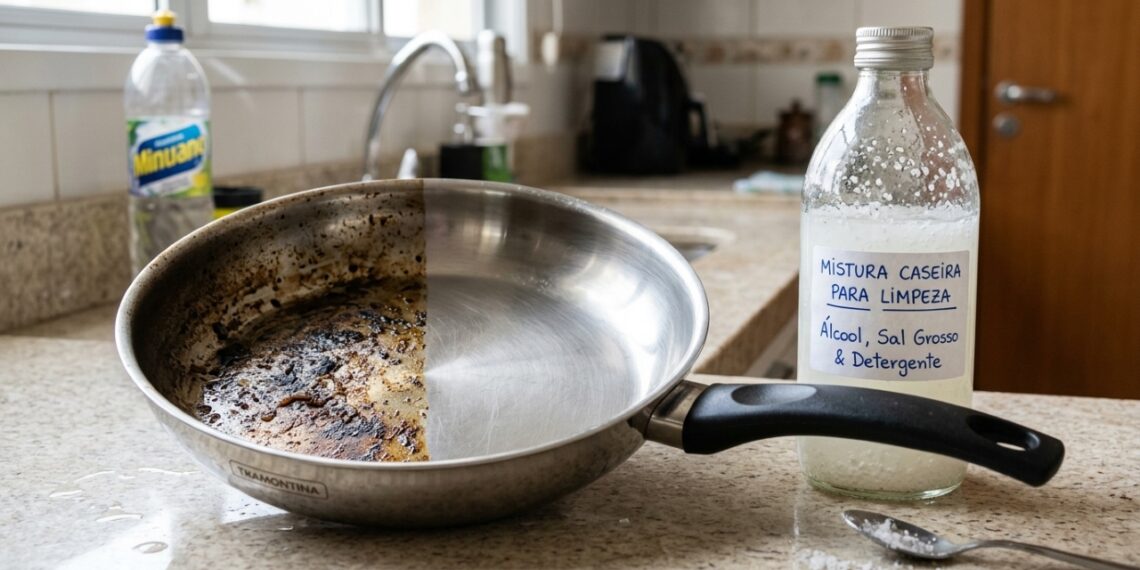 A mistura de sal grosso e álcool atua como um desengordurante caseiro potente para derreter as crostas mais difíceis das panelas.