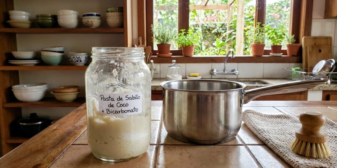 A mistura de sabão de coco com bicarbonato cria um potente detergente natural para higienizar tecidos e superfícies.