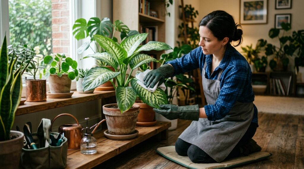 A limpeza e o manejo da planta exigem o uso indispensável de luvas para garantir uma jardinagem segura.