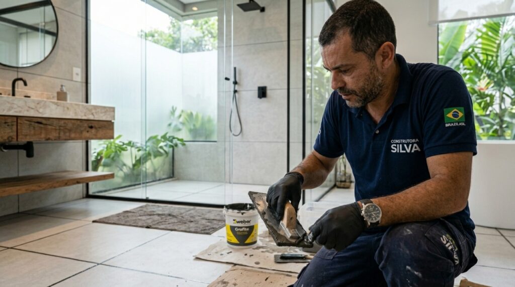 Acabamentos em tons profundos eliminam o aspecto encardido dos vãos e facilitam a rotina de limpeza do piso.