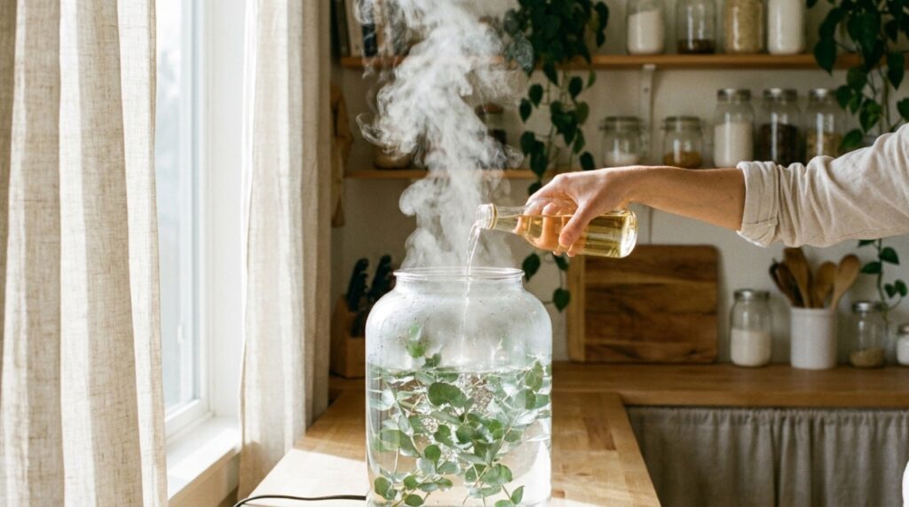 A combinação do calor com as propriedades botânicas do eucalipto e do vinagre atua como um desodorizador natural para os tecidos e ambientes.