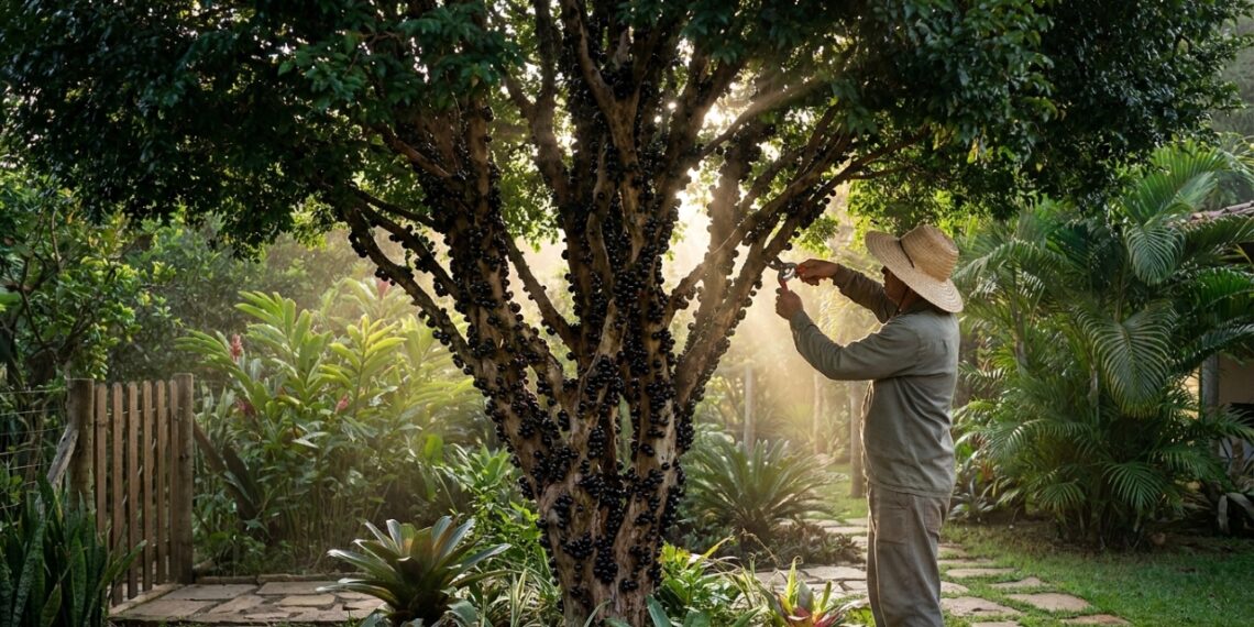 A poda de limpeza correta permite a entrada de luz solar no tronco para maximizar a frutificação da jabuticabeira.