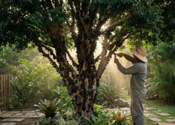 A poda de limpeza correta permite a entrada de luz solar no tronco para maximizar a frutificação da jabuticabeira.