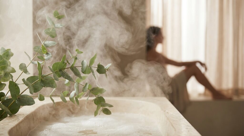 O vapor da água quente libera óleos essenciais que purificam o ar e facilitam a respiração livre.