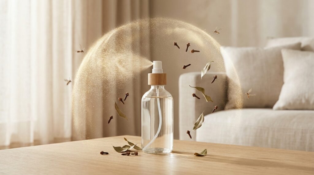 Borrifar essa mistura aromática em cortinas e sofás garante frescor prolongado e cria uma barreira invisível contra insetos.