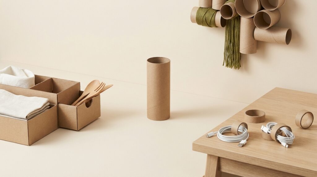 A reciclagem criativa de rolos de papel ajuda a organizar fios e cabos de forma sustentável.