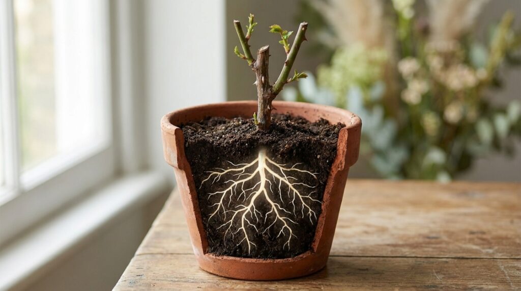 Manter a umidade ideal e um solo fértil cria o ambiente perfeito para que os novos brotos da estaca comecem a surgir.
