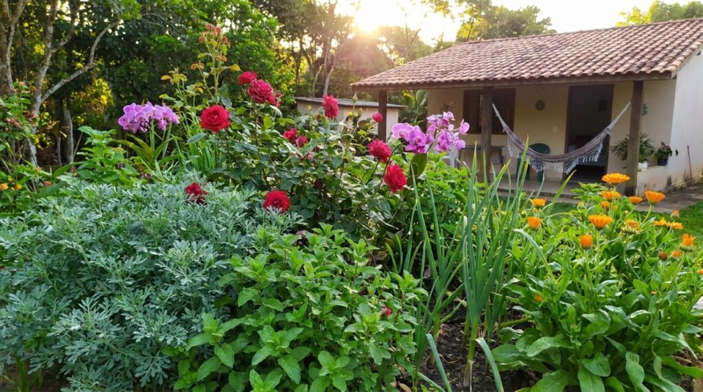 O plantio consorciado com espécies repelentes fortalece o ecossistema do jardim e blinda pétalas delicadas sem o uso de defensivos químicos.