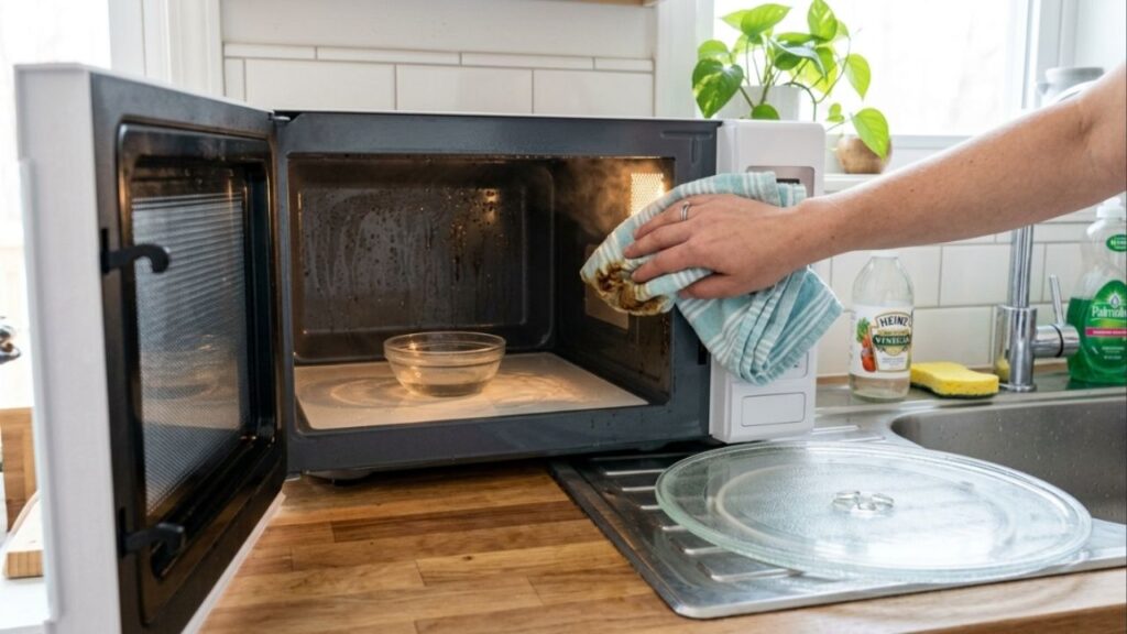 Qual a finalidade de deixar uma xícara com vinagre branco aquecido dentro do micro-ondas fechado por cinco minutos e por que isso é recomendado?