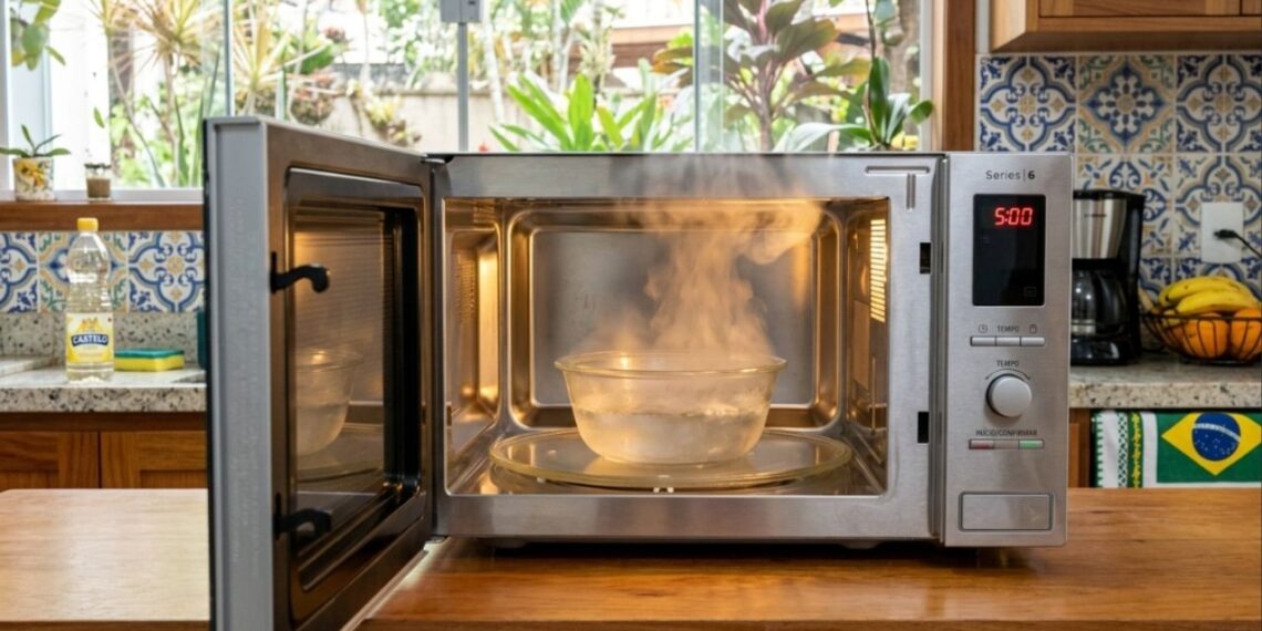 Qual a finalidade de deixar uma xícara com vinagre branco aquecido dentro do micro-ondas fechado por cinco minutos e por que isso é recomendado?