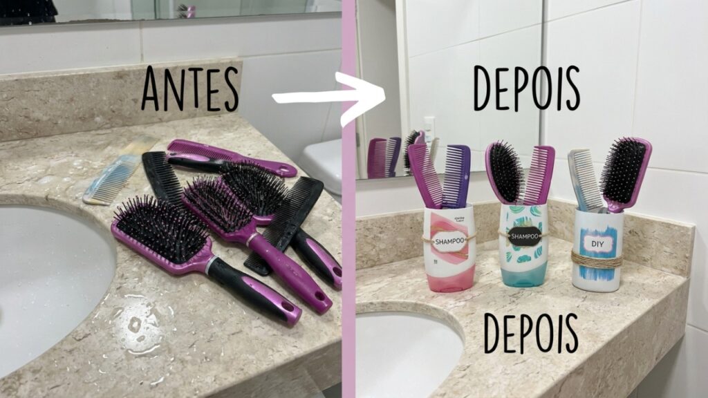 Não jogue os frascos de shampoo vazios fora! Ideias para reutilizar essas embalagens como suportes de escovas e pentes para organizar a bancada do banheiro