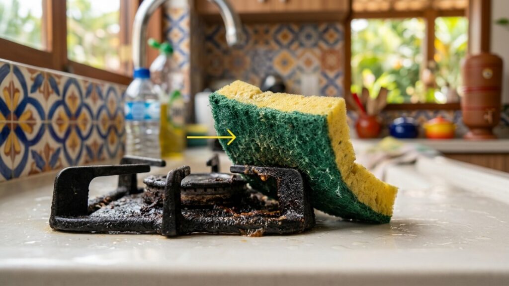 Para que serve a parte áspera da esponja de cozinha clássica, já que ela geralmente risca a panela em vez de limpar melhor?