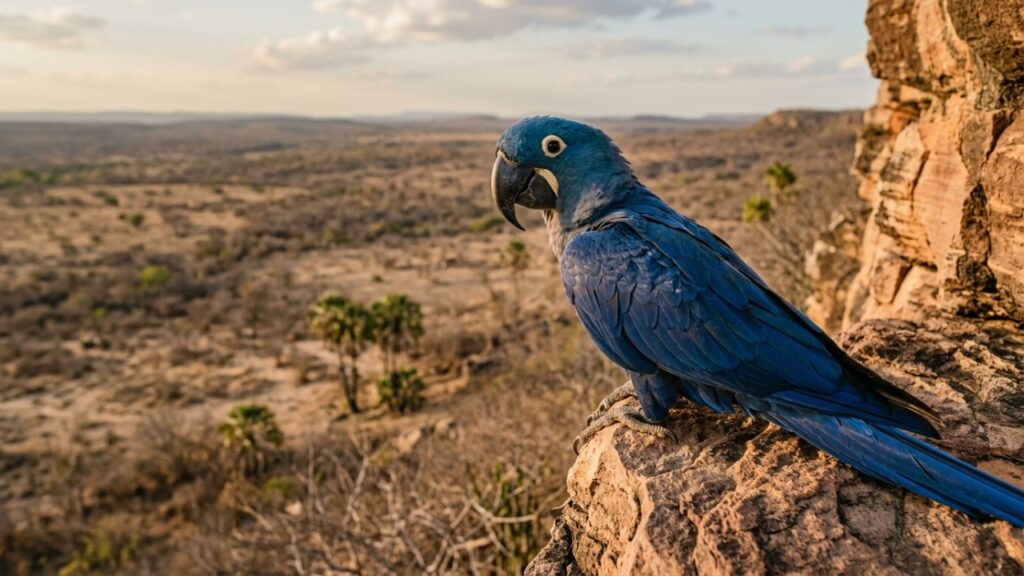 A arara-azul-de-lear da Caatinga baiana que virou foco de biólogos ao apresentar diferenças marcantes de tamanho e adaptação de habitat em relação à tradicional arara-azul-grande do Pantanal