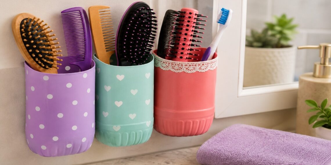 Não jogue os frascos de shampoo vazios fora! Ideias para reutilizar essas embalagens como suportes de escovas e pentes para organizar a bancada do banheiro