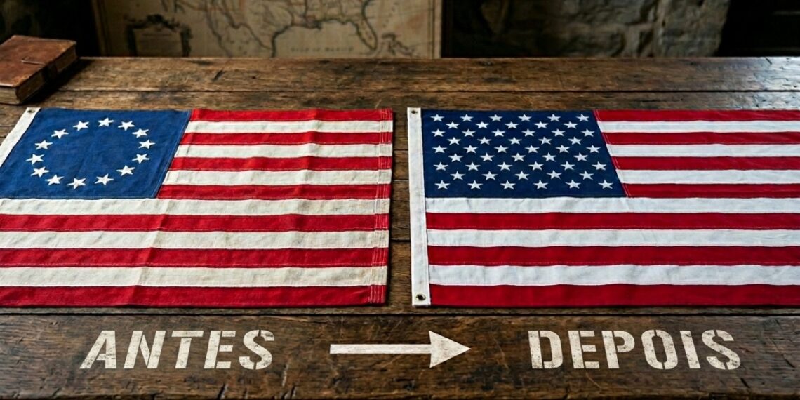 Por que a bandeira dos Estados Unidos possui um retângulo azul com estrelas brancas de mesmo tamanho, e o que elas significam?