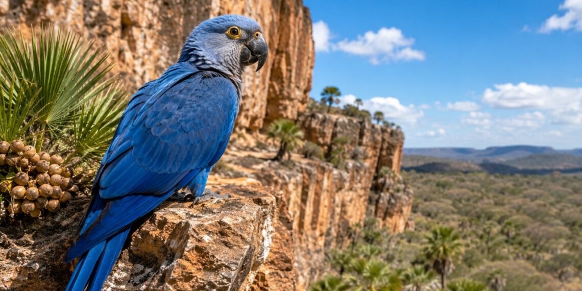A arara-azul-de-lear da Caatinga baiana que virou foco de biólogos ao apresentar diferenças marcantes de tamanho e adaptação de habitat em relação à tradicional arara-azul-grande do Pantanal