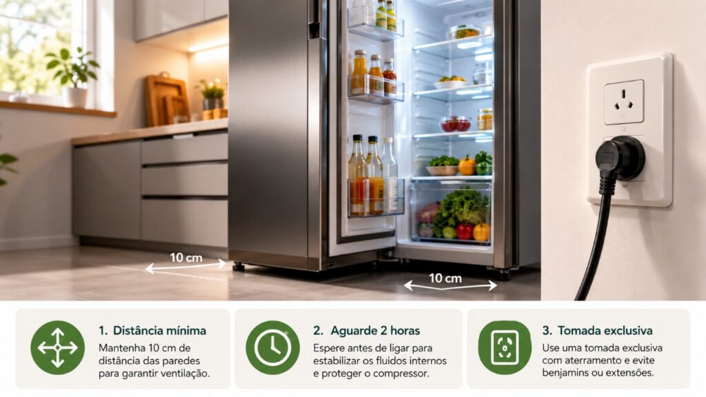 O que deve ser conectado primeiro, a geladeira ou a tomada, para evitar danos mecânicos e elétricos na casa?