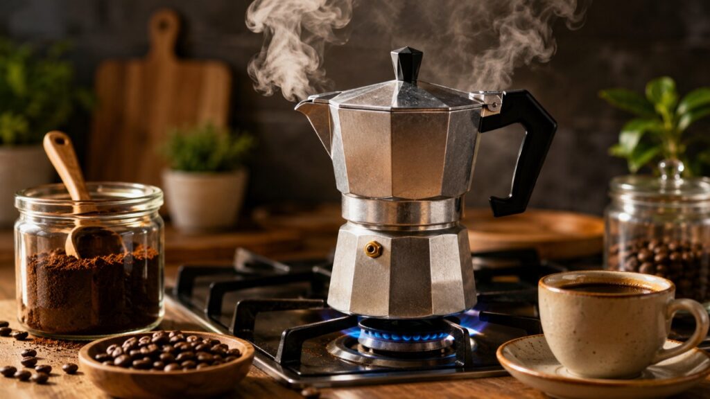 Como preparar o café perfeito em uma cafeteira , segundo os princípios da química: água, pó e chama.
