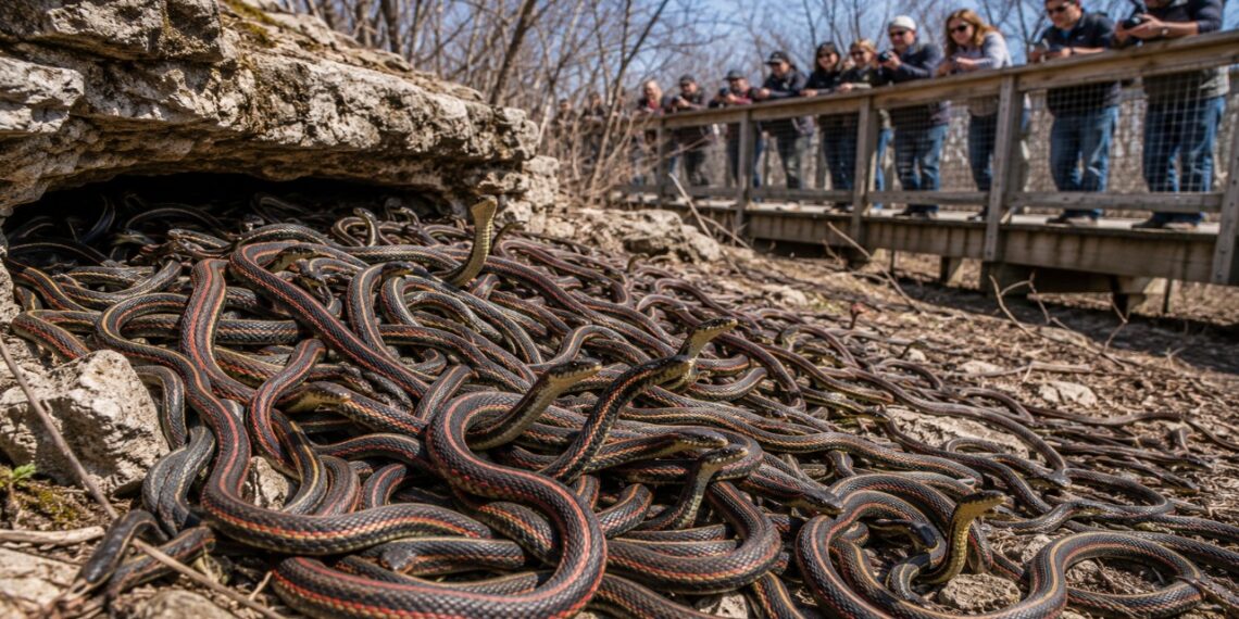 Dezenas de milhares de cobras emergem do subsolo simultaneamente após o inverno. Esse espetáculo natural ocorre anualmente em Manitoba.