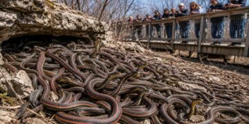 Dezenas de milhares de cobras emergem do subsolo simultaneamente após o inverno. Esse espetáculo natural ocorre anualmente em Manitoba.